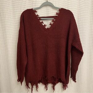 Rue21 Maroon V-Neck Distressed Sweater